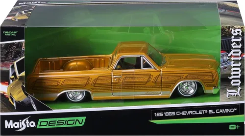 Vista 6 de 1965 Chevrolet El Camino Lowrider Gold Metallic con gráficos Lowriders Series 1/25 Modelo de coche fundido a troquel por Maisto