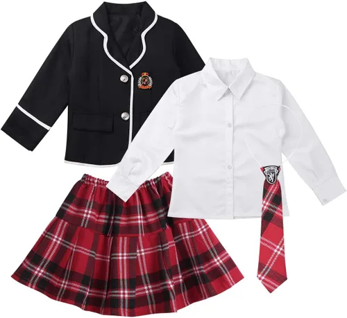 Vista 3 de inlzdz Conjunto de uniforme escolar coreano japonés británico para niñas y niñas, de manga larga con corbata de camisa, minifalda