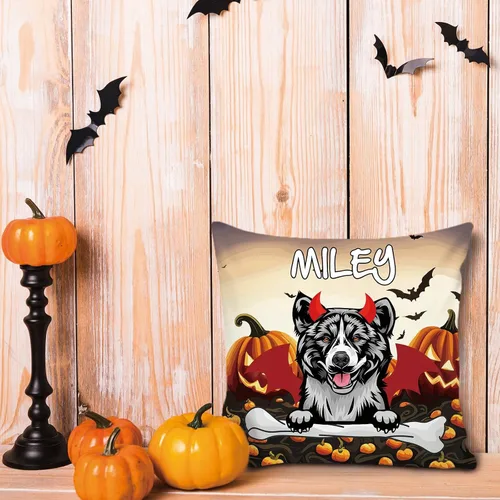 Vista 6 de Funda de almohada personalizada de Halloween, diseño de calabaza, lindo cachorro, funda decorativa de lona para sofá, 16 x 16 pulgadas, estampado