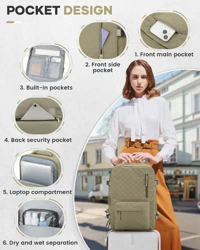 Vista 7 de VGCUB Mochila de viaje grande para mujer, mochila para laptop, a1-caqui, Moderno