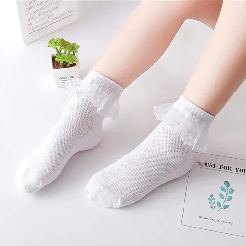 Vista 5 de Looching 4 pares de calcetines de princesa de encaje para bebés y niñas pequeñas, calcetines de algodón con volantes sólidos al tobillo