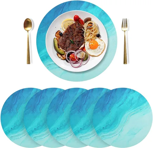 Vista 3 de Juego de manteles individuales redondos de PVC antideslizantes y resistentes al calor, diseño de mármol azul con vetas doradas, 1 paquete