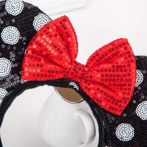Vista 4 de Diadema con orejas de Minnie Ears con lentejuelas y lazo para el pelo, accesorios para niñas, mujeres, adultos, niños, fiesta de cumpleaños (lunares)