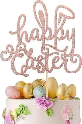 Vista 9 de 1 pieza de decoración de pastel con purpurina dorada de conejo de Pascua para primer cumpleaños para temática de Pascua, baby shower, niños, primera
