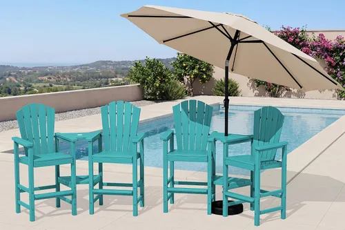 Vista 23 de KINGYES Aruba - Juego de 4 sillas Adirondack altas de HDPE con bandejas de conexión dobles, silla Adirondack de altura de barra en relieve para 2
