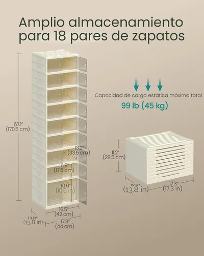 Vista 5 de SONGMICS Organizador plegable de almacenamiento de zapatos para armario, armario apilable para tenis con puerta magnética, contenedores grandes