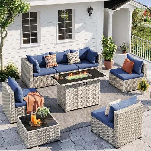 Vista 8 de UDPATIO Juego de muebles de patio al aire libre, sofá seccional modular de 7 piezas con mesa de té, juego de conversación al aire libre de mimbre PE