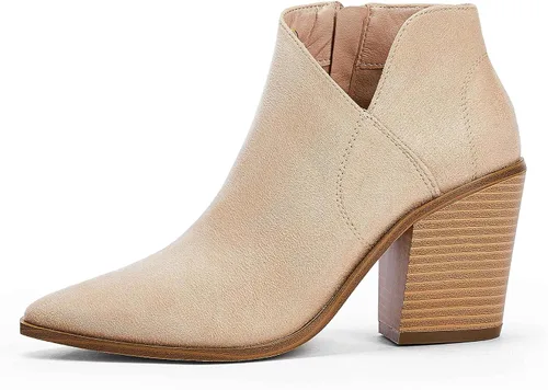 Vista 2 de Botas de tobillo para mujer con corte en V, puntera puntiaguda, tacón grueso, cremallera lateral, botas Chelsea