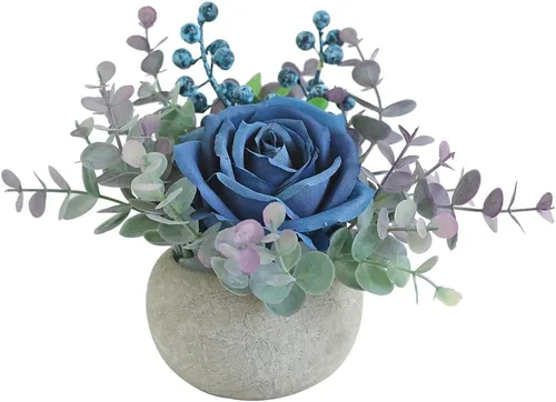 Vista 18 de Small Artificial Blue Rose Potted Plant, 2 Pcs Mini Faux Decor 2 piezas azules