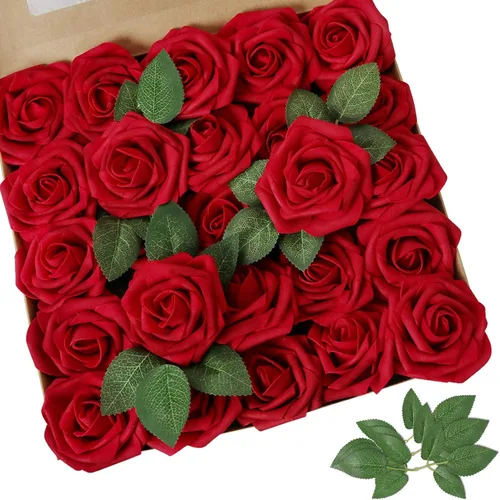 Vista 25 de AmyHomie 25 flores artificiales de aspecto real con tallo de rosa beige