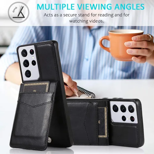Vista 5 de Funda de teléfono para Samsung Galaxy S21 Ultra Glaxay S21ultra 5G con protector de pantalla de vidrio templado y tarjetero para tarjetas de Negro