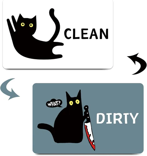 Vista 10 de Imán divertido de dibujos animados con diseño de gato limpio y sucio para lavavajillas, imán para lavadora, gato negro, nevera, limpio, sucio, doble
