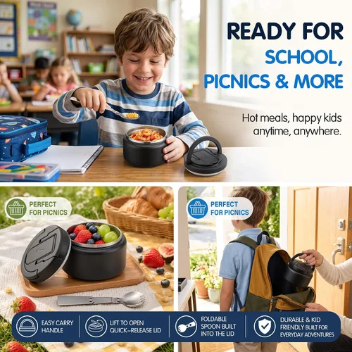 Vista 7 de BABHAMNESS Termo de sopa de 13.5 onzas para comida caliente para niños, recipiente aislado al vacío con tapa de hebilla, boca ancha, a prueba