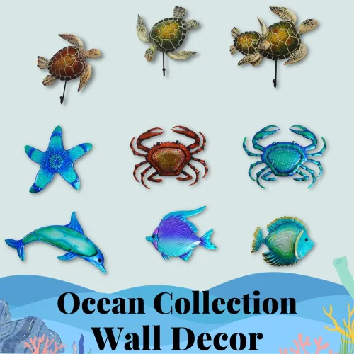 Vista 9 de Comfy Hour Decoración de pared de cangrejo de metal azul de 12 pulgadas, escultura temática náutica del océano, arte costero decorativo para playa