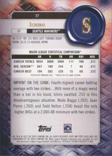 Vista 2 de 2022 Topps Gold Label Class 1#17 Ichiro Seattle Mariners Baseball Card - GotBaseballCards