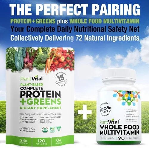 Vista 6 de Plantvital Proteína vegana orgánica sin sabor en polvo, 15 superalimentos, verduras y probióticos, proteína orgánica a base de plantas, todos