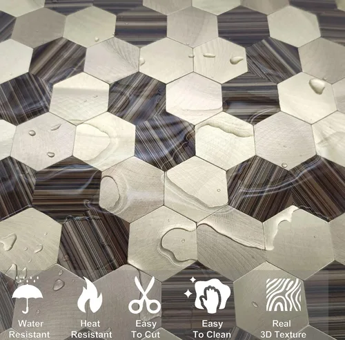 Vista 3 de Azulejo de pared hexagonal 3D de 5 hojas para cocina, baño, sala de estar, adhesivo de mosaico de metal de aluminio autoadhesivo de 11.4 x 11 x 0.15