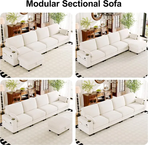 Vista 3 de Vipbear Sofá modular seccional, 128" en forma de L cómodo sofá de chenilla Marfil