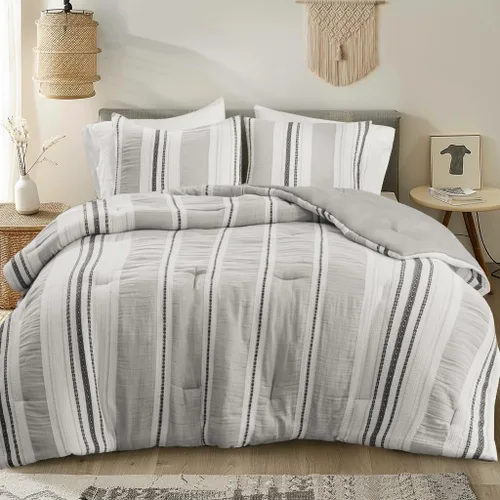 Vista 8 de Hyde Lane Juego de edredón bohemio tamaño Queen, ropa de cama moderna tamaño Full estilo casa de campo, parte superior de algodón con rayas jacquard
