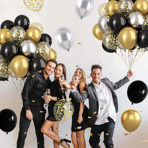 Vista 5 de Paready - Globos negros y dorados, 60 globos de 12 pulgadas de confeti dorado, globos de látex para fiestas con cintas para cumpleaños, graduación