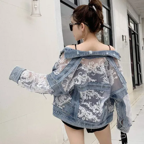 Vista 4 de ebossy Chaqueta de mezclilla para mujer, con bordado floral, con encaje, rasgada, desgastada