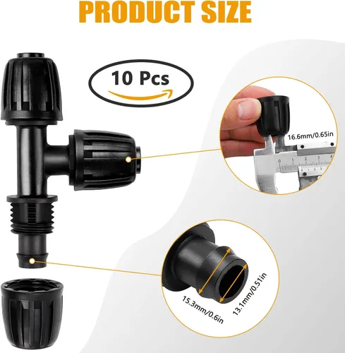 Vista 2 de Paquete de 10 accesorios de riego por goteo, conectores en T de púas de bloqueo para tubos de 1/2 pulgadas, camiseta de riego por goteo