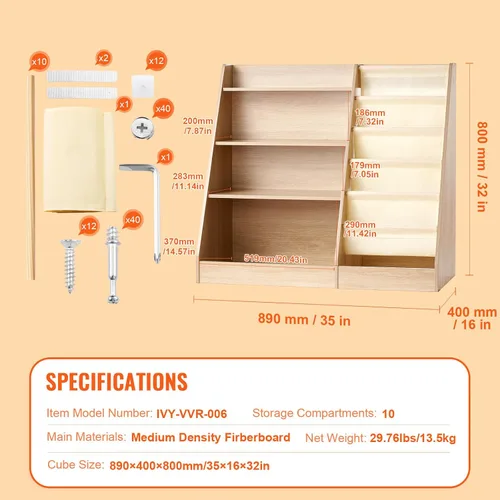 Vista 3 de VEVOR Estantería de madera para niños de 4 niveles, organizador de almacenamiento de juguetes para niños pequeños, estante de libros