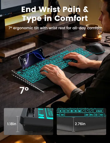 Vista 4 de Combo de teclado y mouse con cable, retroiluminación de impresión grande, reposamuñecas ergonómico, 6 DPI RGB para PC/Windows, ideal para personas