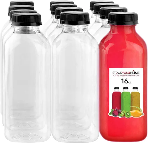Vista 8 de Botellas de jugo de 12 onzas con tapas para jugo (paquete de 12) – Botellas de agua de plástico vacío transparente reutilizables – Contenedores