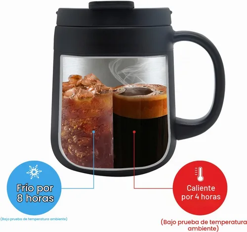 Vista 2 de Taza de café aislada de acero inoxidable de 11 oz / 330 ml con asa, vaso de doble pared con 2 tapas, color negro