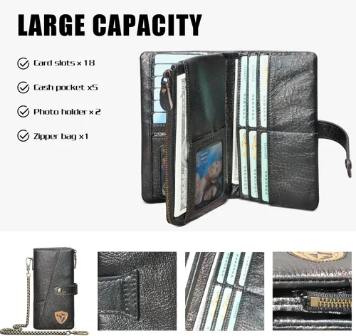 Vista 4 de Handadsume Genuino caballo loco cuero viaje regalo moneda bolsillo tarjeta caso largo organizador cadena Rfid monedero con broche para hombres