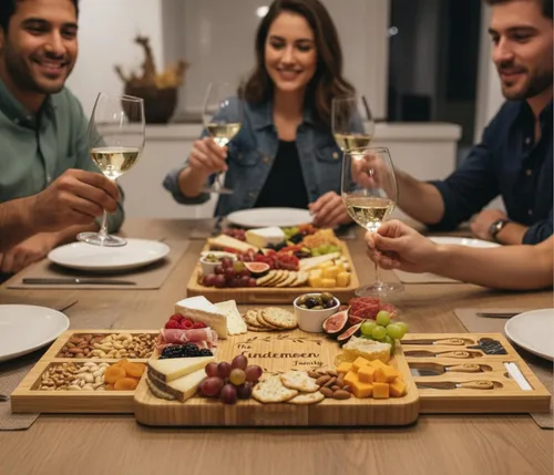 Vista 10 de Juego de tablas de charcutería personalizadas con dos cajones, tabla de queso de bambú grabada personalizada, Navidad, boda y regalo de inauguración