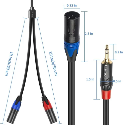 Vista 3 de Cable divisor Y de 1/8 pulgadas a doble XLR macho, adaptador de interconexión desequilibrado de 3,5 mm mini jack TRS estéreo a doble XLR macho