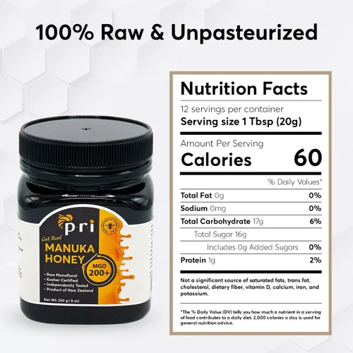 Vista 2 de P.R.I Miel de Manuka MGO 200+, miel monofloral cruda de Nueva Zelanda, procesada en frío y 100% rastreable (250 g/8.8 oz)