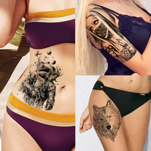Vista 5 de 49 hojas de tatuajes temporales tribales negros para mujeres, hombres, adultos, brazo, cuerpo, de larga duración, lobo maorí, tigre, león, guerrero