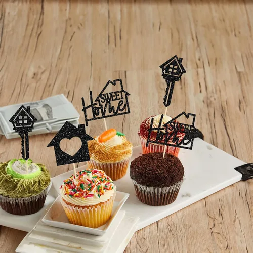 Vista 5 de Gyufise Paquete de 24 adornos para cupcakes Sweet Home con purpurina para inauguración de la casa, para bienvenida, nuevo hogar, fiesta temática