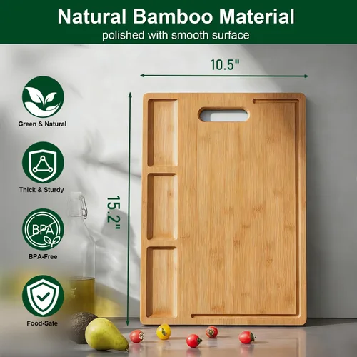 Vista 4 de Tablas de cortar para cocina – Tabla de cortar de bambú integrada con 3 compartimentos y ranuras para jugos – Bandeja de servir para carnes