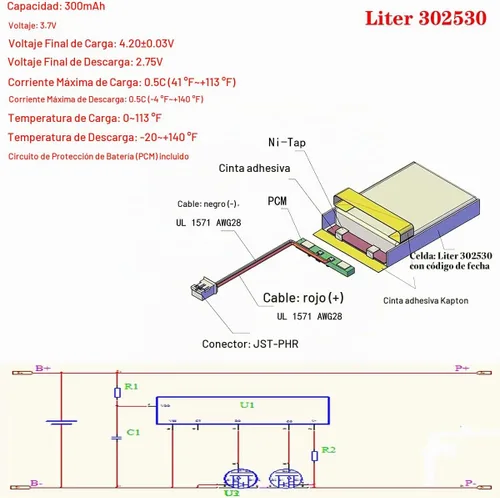 Vista 3 de Litro 3.7V 300mAh 302530 Lipo Batería recargable Batería de iones de polímero de litio con conector JST PH 0.079 in