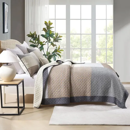 Vista 3 de Finlonte Colchas tamaño Queen 100% algodón, ligero y suave, edredón de retazos reales a cuadros, colcha acolchada, marrón, beige, gris, reversible