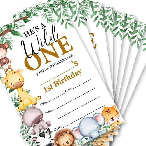 Vista 2 de Soiceu Safari Wild One - Invitaciones de primer cumpleaños con sobres, juego de 20 animales de la selva para niño