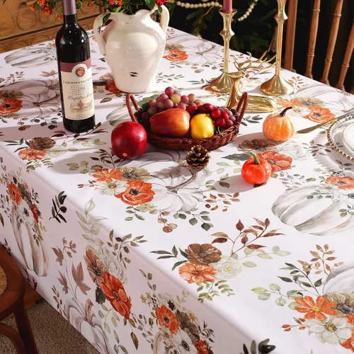 Vista 7 de Mantel rectangular con estampado de calabaza en acuarela de otoño, mantel rectangular de poliéster para otoño, resistente al agua, sin arrugas
