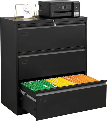 Vista 10 de Archivador de 2 cajones, archivador lateral negro con cerradura, archivador de metal con cerradura para oficina en casa, archivadores de oficina