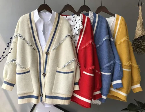 Vista 9 de DBM - Cárdigan de punto con flecos de rayas de color de contraste suelto para mujer con bolsillo