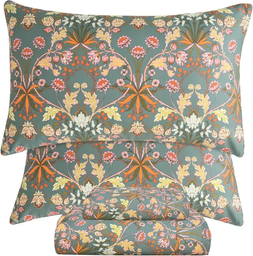 Vista 16 de QSH Juego de sábanas de tamaño individual 100% algodón egipcio, estampado de flores verdes con pájaros, mariposas y botánicas, lujo impreso, ropa