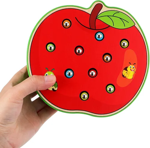 Vista 8 de STOBOK Juguete magnético de manzana, juguete Montessori de madera para habilidades motoras finas, divertido juego de captura de insectos para niños