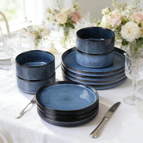 Vista 2 de Stoneware Dinnerware Sets for 4, 12Pcs Plates and Bowls Set, Midnight Blue