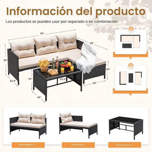 Vista 4 de Devoko - Juego de muebles de patio al aire libre, 3 piezas de sofá seccional de ratán impermeable para todo tipo de clima, sofá en forma de L