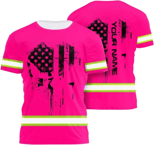 Vista 26 de Camisa de alta visibilidad de calavera con bandera de Estados Unidos para hombres, camisas de seguridad con nombre personalizado, ropa de trabajo