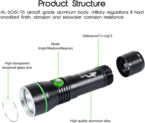 Vista 2 de APLOS Linterna de buceo AP30 3000lm con 3 modos, indicador de alimentación, IPX8 impermeable profesional recargable luz de buceo