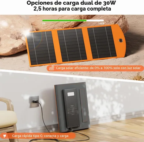 Vista 3 de SOLUPUP Banco de energía cargador solar de 10000 mAh, panel solar portátil plegable de 30W, carga rápida con 1 puerto Type-C y 2 puertos USB-A